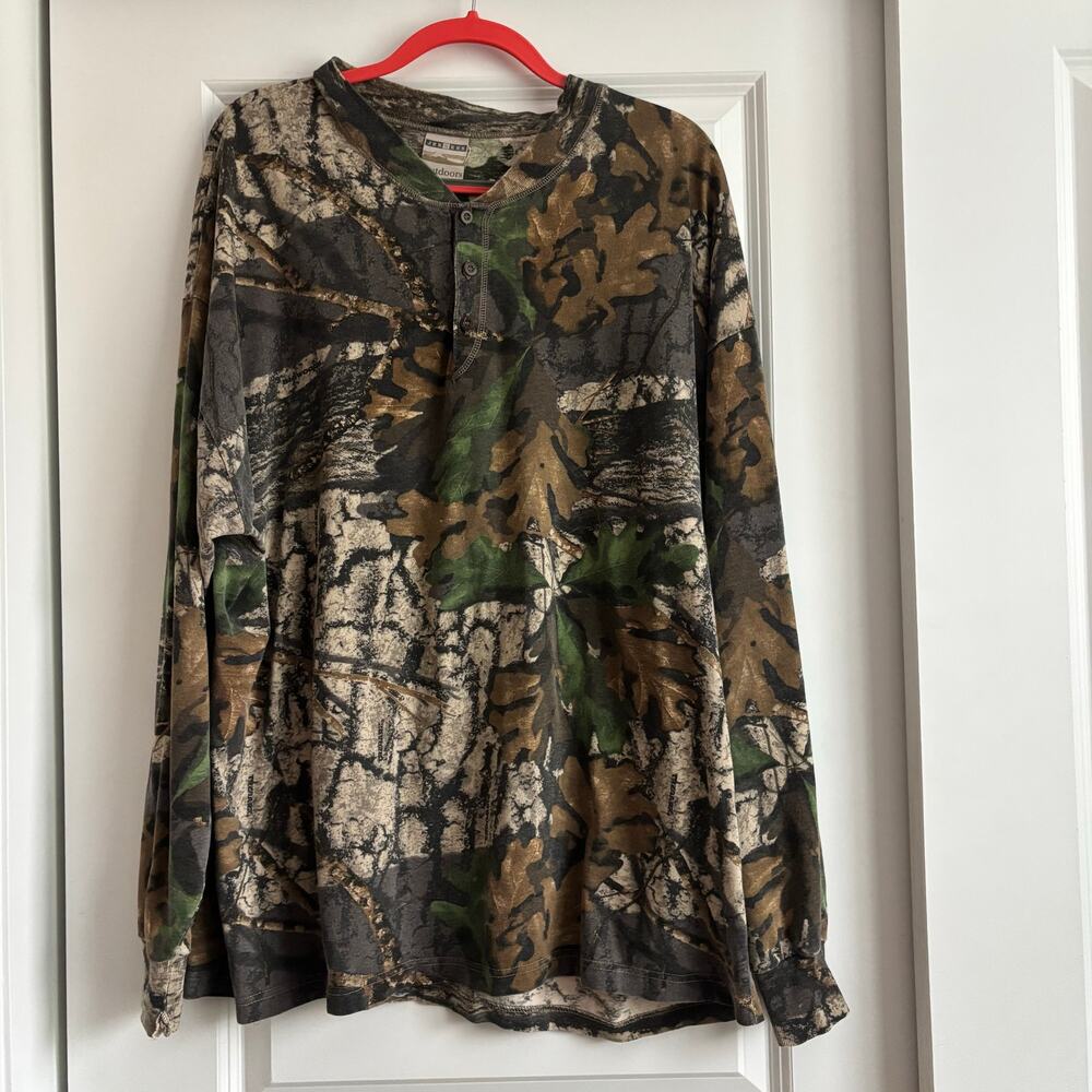 VTG Jerzees Outdoors Henley Shirt Mens 2X Camo Mossy Oak‎ Break Up Tree Bark